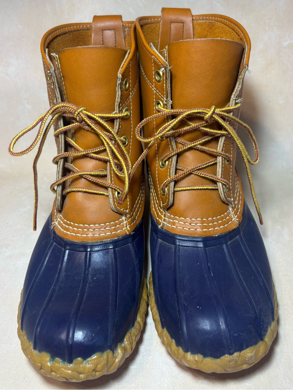 L.L. Bean Women’s Bean Boots, Tan Leather & Navy, waterproof hunting, 9 LM